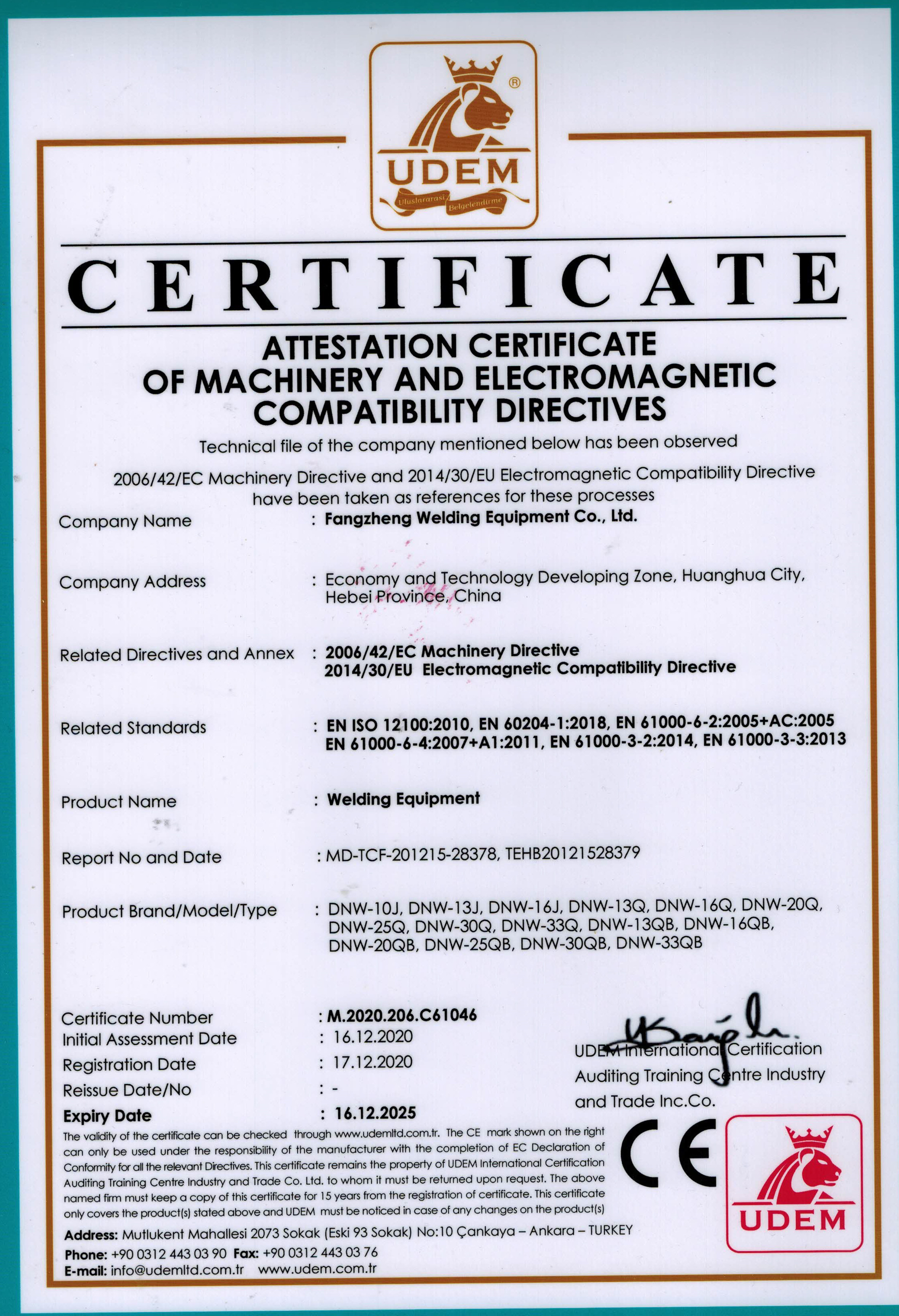 Porcellana Huanghua Fangzheng Welding Equipment CO., Ltd Certificazioni